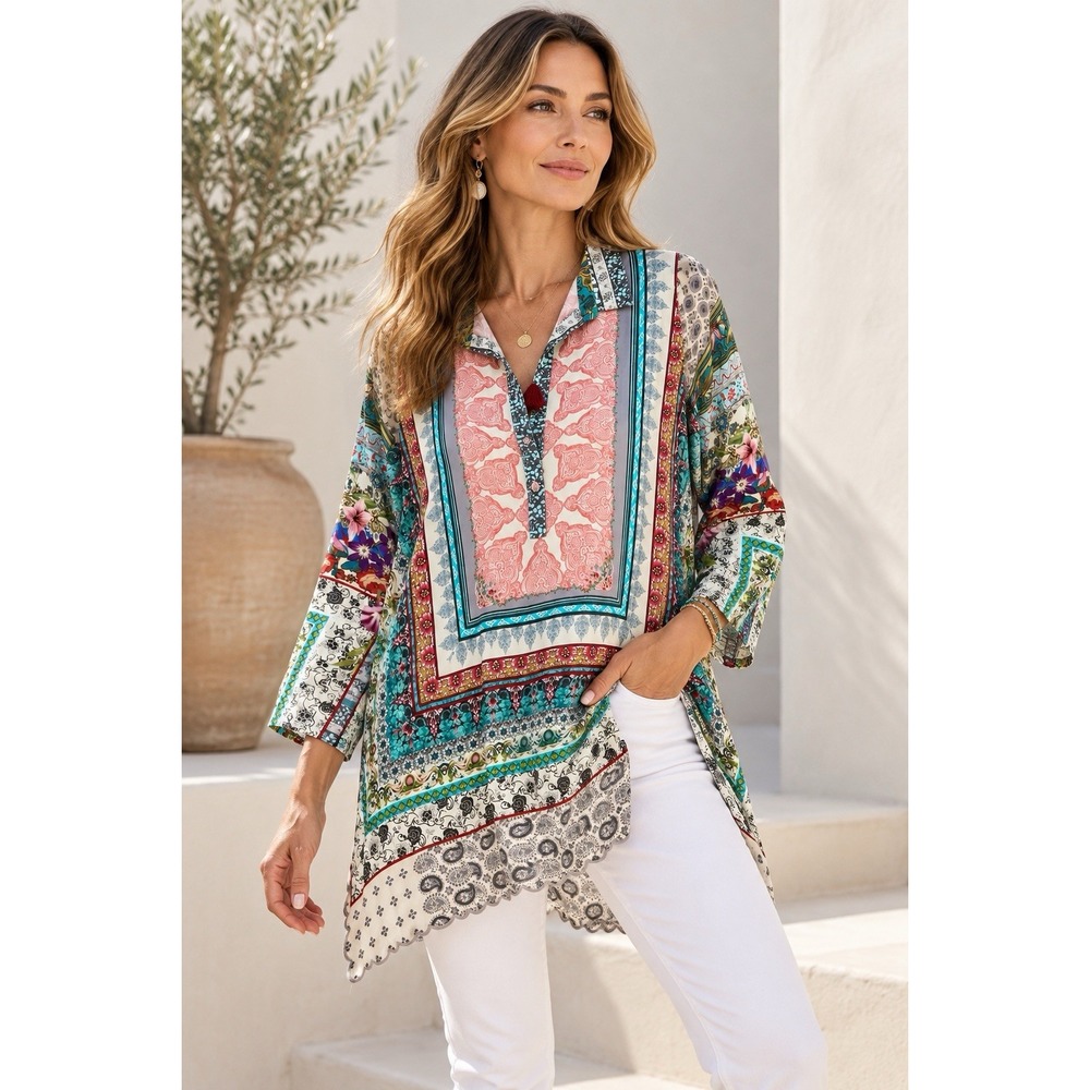 Johnny Was Frame Tunic Top Size XS Multi Color Floral Embroidered Boho NWT $220